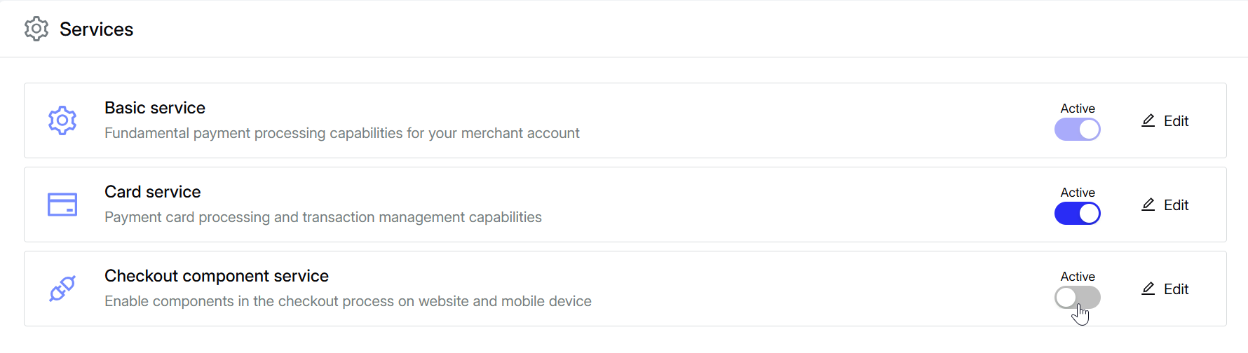 Screenshowing showing the different services being activated