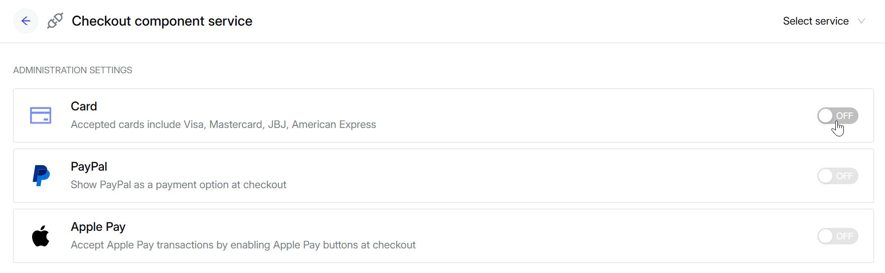 Screenshot showing component payment methods at the site level