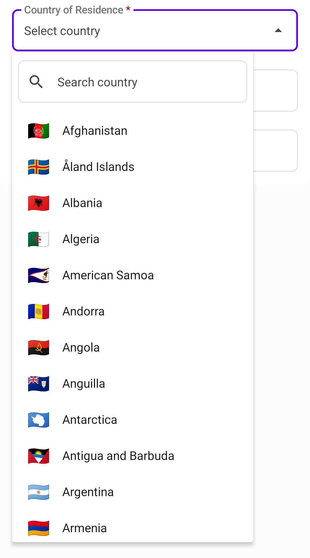 Country selection component
