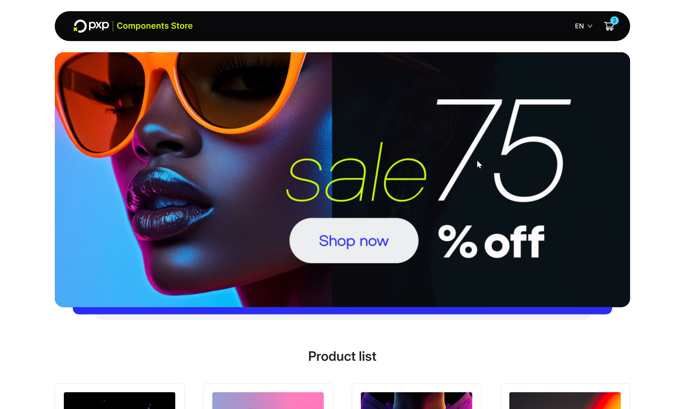 Landing page of the PXP demo store