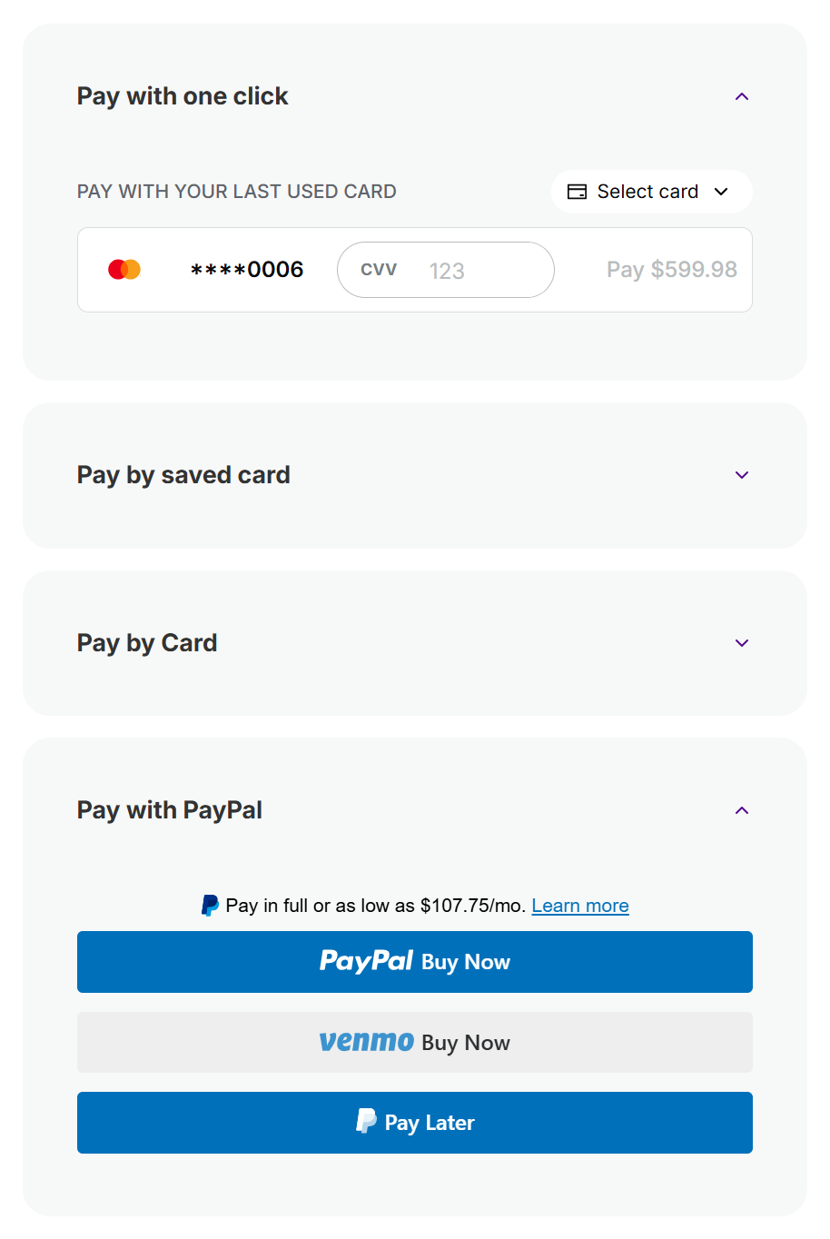 PXP demo store payment methods