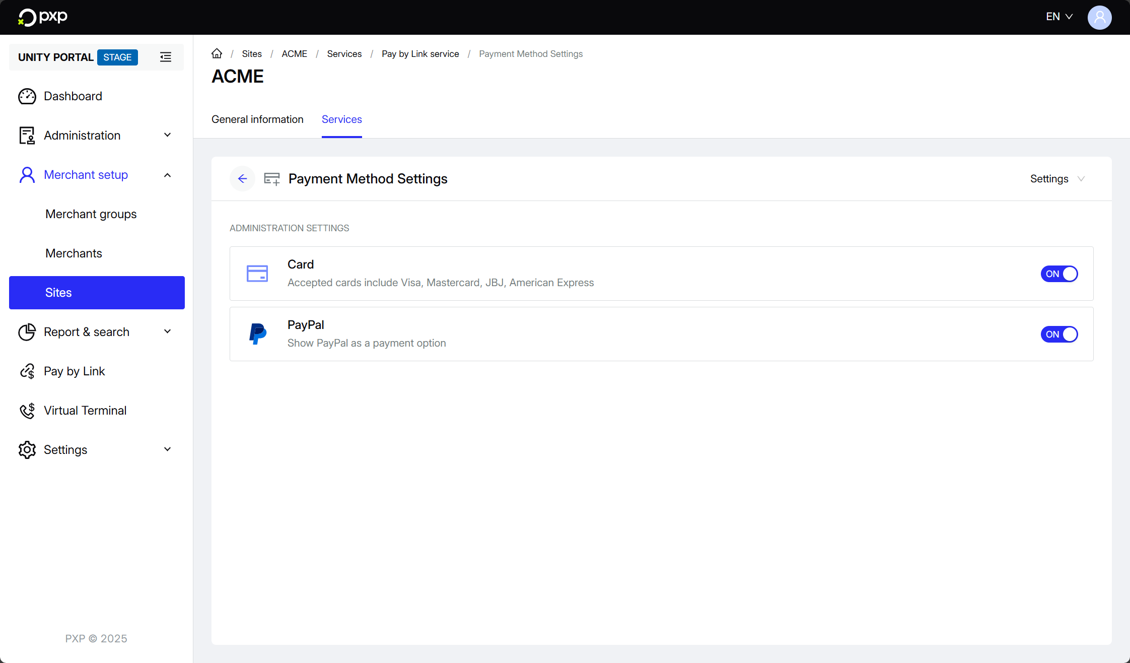 Screenshot of the payment method settings page in the Unity Portal