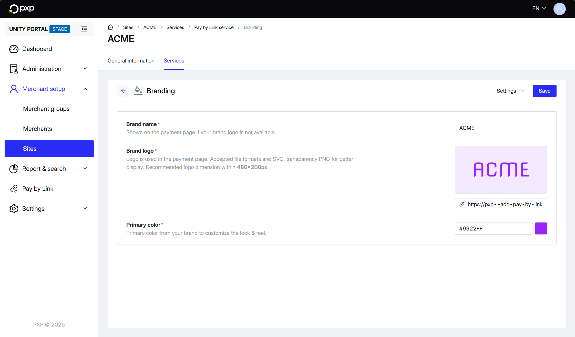 Screenshot of the branding configuration page in the Unity Portal
