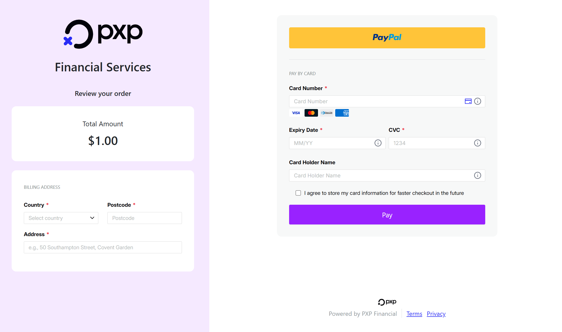 Screenshot of a demo payment screen
