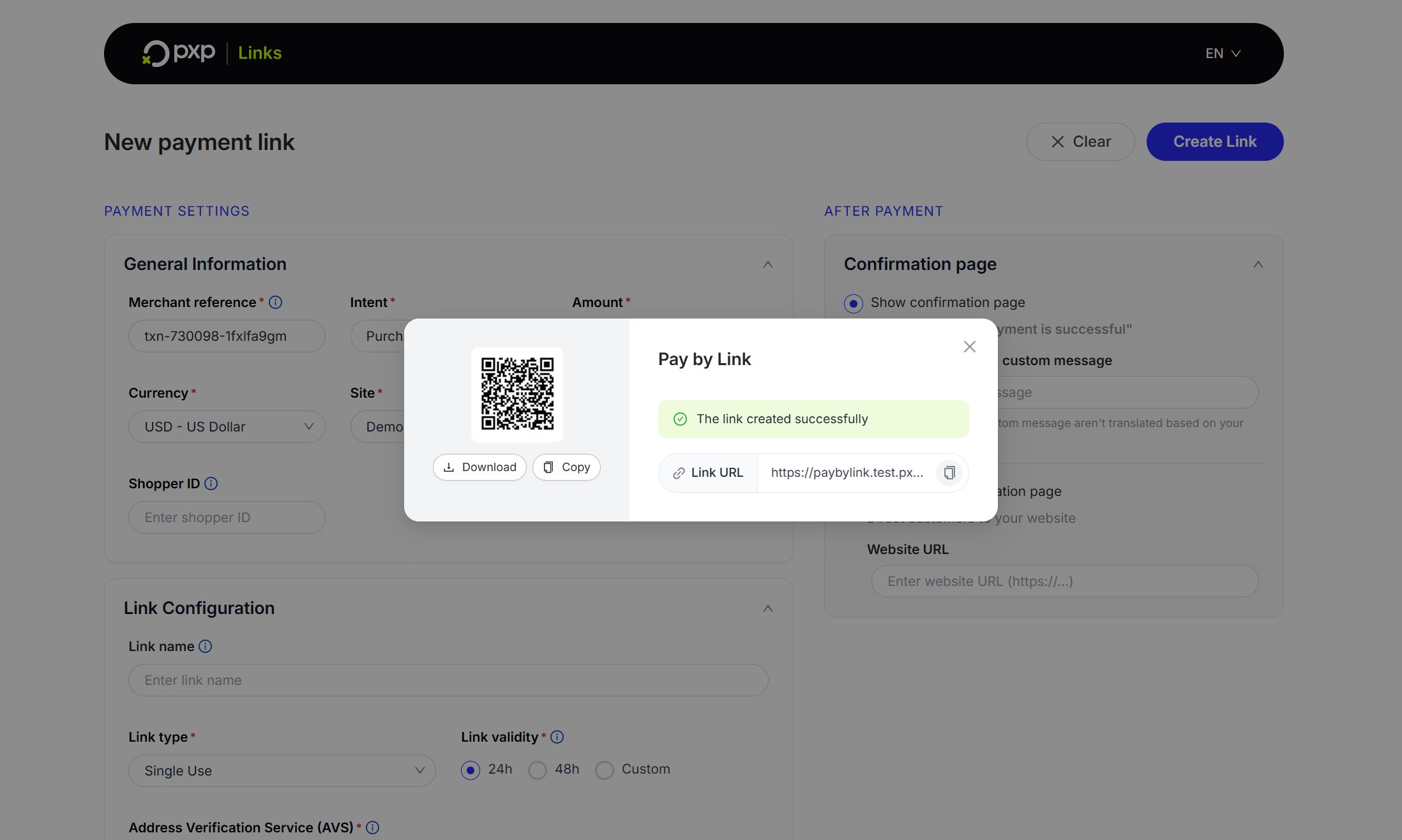 Screenshot of a successful link creation