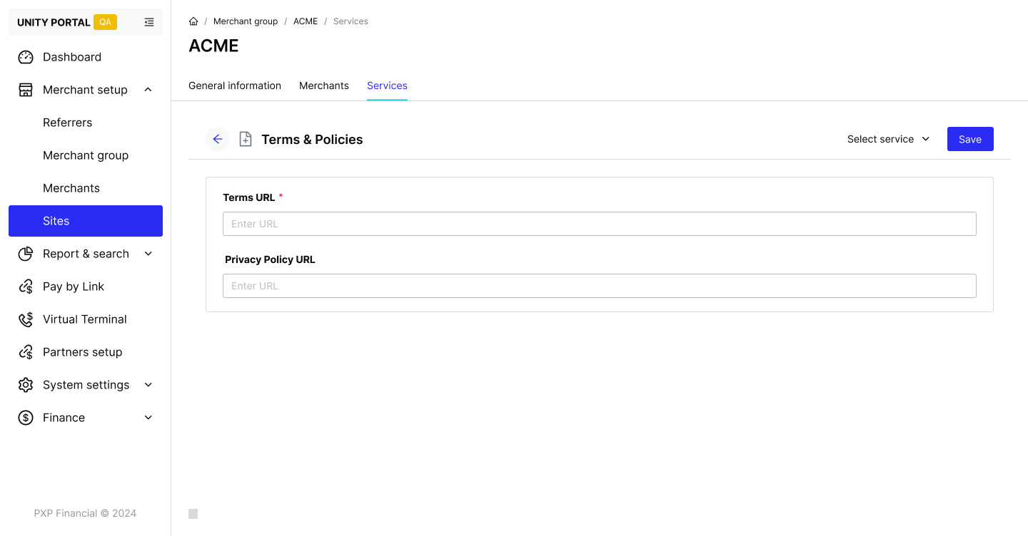 Screenshot of the terms and policy page in the Unity Portal