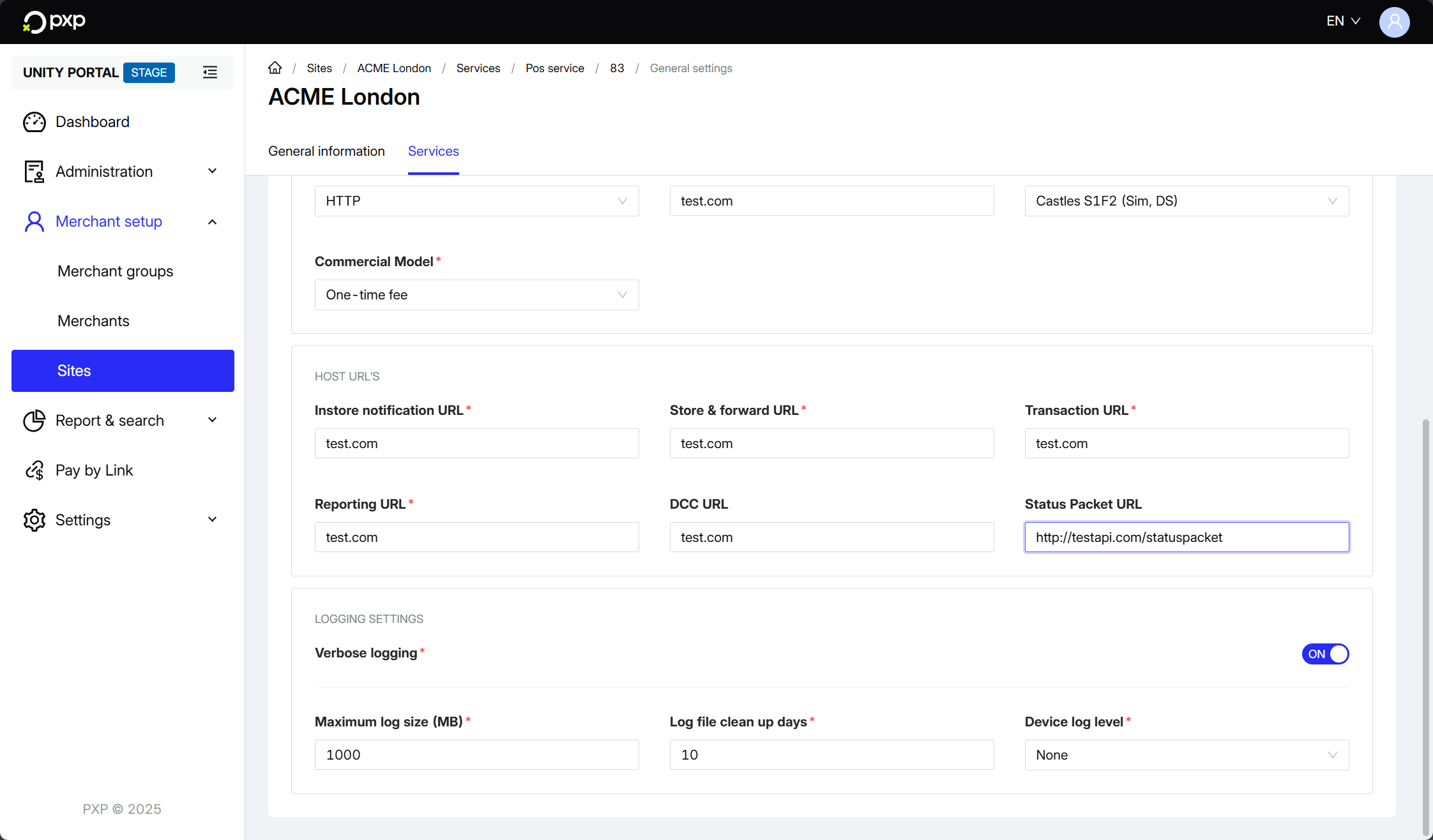 Screenshot showing where to enter the status packet URL in the Unity Portal.
