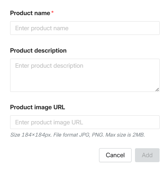 Screenshot of the Add product pop-up