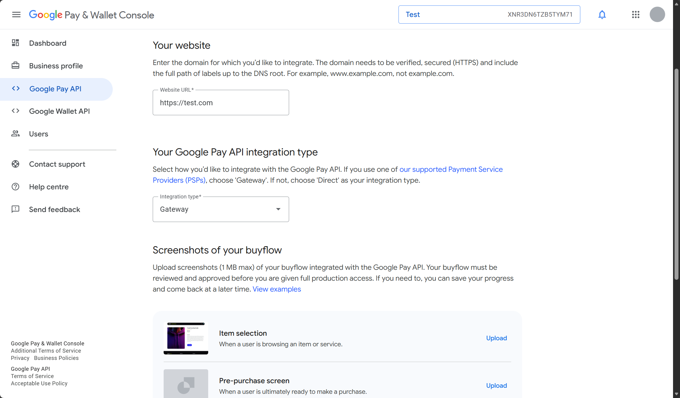 Screenshot of the Google Pay Business Console